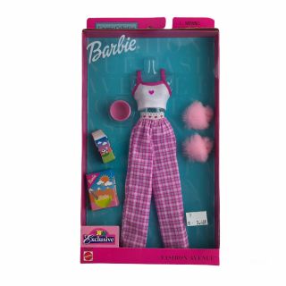 2002 Barbie Fashion Avenue Pink Pajamas Slippers Clothes Doll Outfit Mattel