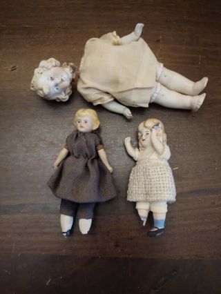 3 Small Antique Dolls Small Baby Dolls & Parts Clothes Bisque Porcelain