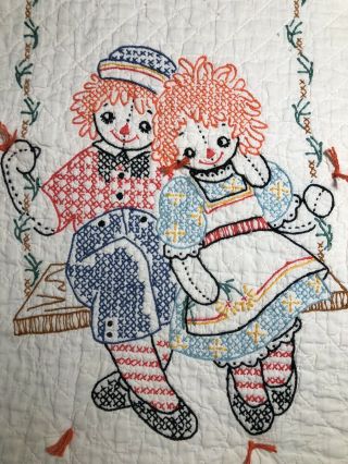 Vintage Raggedy Ann & Andy Childs Crib Quilt Ooak Handmade Embroidered Sweet