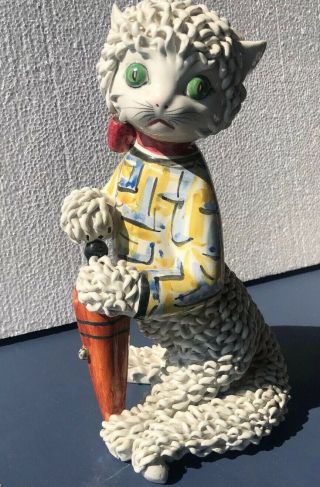 1950 Vintage Hand Made Collectible Italian Pottery 12” Cat With Umbrella Mouse