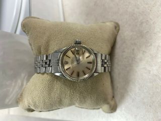 Vintage Rolex Date Lady Stainless Steel & 18k White Gold Watch Silver Dial 6517