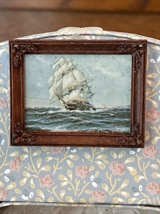 Vintage Miniature Doll House Picture Of Sail Ship In Wood Frame - Wall Hanging