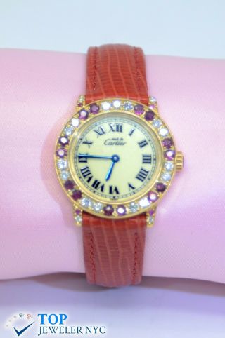 Must De Cartier 18K Gold Plated Argent 925 Watch w/Diamonds & Rubies 2