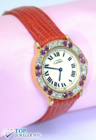 Must De Cartier 18K Gold Plated Argent 925 Watch w/Diamonds & Rubies 3