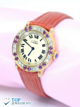 Must De Cartier 18K Gold Plated Argent 925 Watch w/Diamonds & Rubies 4
