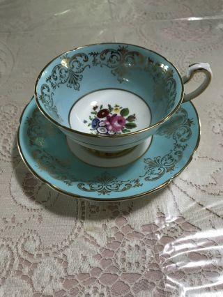 Paragon Blue Cabbage Rose Tea Cup & Saucer Fine Majesty Queen Gold Filigree