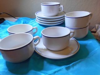 Bia Cordon Bleu/apilco Porcelaine Bistro Style 6 Cups And 5 Saucers Blue Band