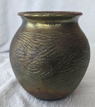 Studio Raku Art Pottery Vase Iridescent Textured Design 6” Artist Signed