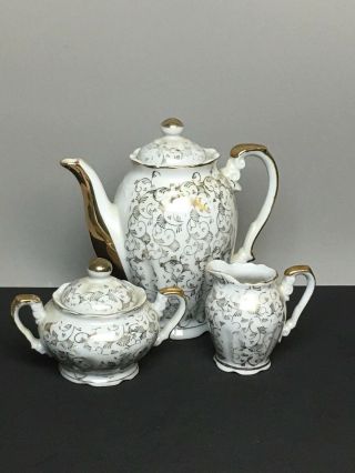Vtg Porcelain Bavaria Germany White Gold Teapot Sugar Bowl Creamer Set
