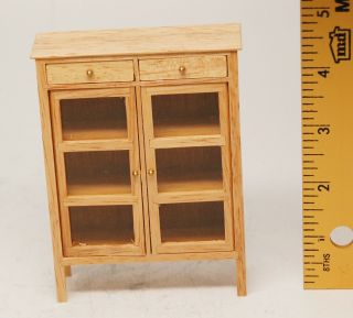 Kitchen Cabinet W/glass Doors And 2 Drawers,  Light Oak,  4 1/2 " Tall,  1:12 Scale