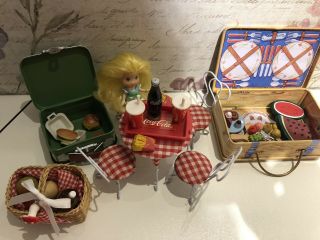 Table And Chairs And Coca - Cola Tray,  Burgers,  Picnic Baskets 3” Doll