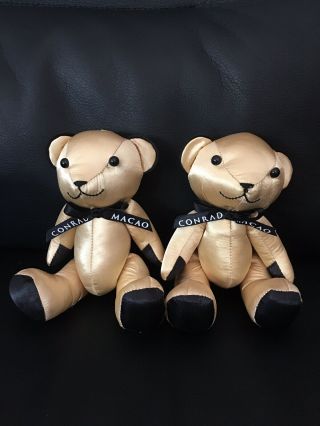 A Conrad Macao Hotel Collectible Stuffed Teddy Bear Gold Back Satin