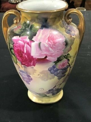 Noritake Japan Large 11 In Vase With Hand Painted Flowers And Gold Gilt