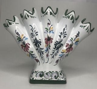 Vintage Green 5 Finger Fan Bud Vase Floral Ceramic Hand Painted Portugal 6 " X 7 "