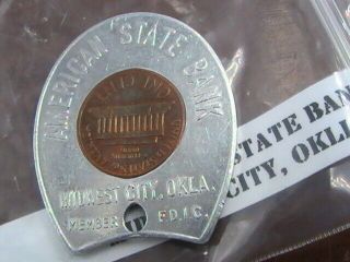 Encased 1960 Lincoln Cent American State Bank Midwest City Okla Good Luck Piece