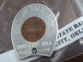 ENCASED 1960 LINCOLN CENT AMERICAN STATE BANK MIDWEST CITY OKLA GOOD LUCK PIECE 3