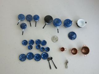 Dollhouse Miniature Blue White Speckle Pots & Pans Copper Bowls Utensils Plates