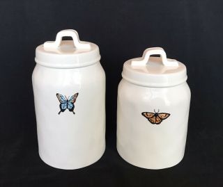 2 Rae Dunn By Magenta Canisters W/ Butterflies M Stamp Small 7” Medium 8”