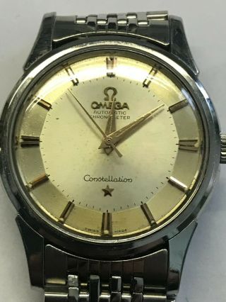 Omega Constellation Pie Pan Wrist Watch W/ Beads Of Rice Band