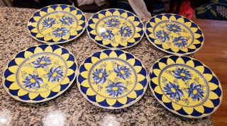 Euc Set 6 Dinner Plates 04 - 98 Ceramica Quadrifoglio Italy 10 " Blue Yellow Flower
