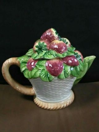 Exquisite Vtg.  Majolica San Marco Nove Italy Ceramic Strawberry Teapot,  Lid