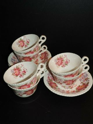Set Of Six (6) Copeland Spode Aster Red Gadroon Cups And Saucers