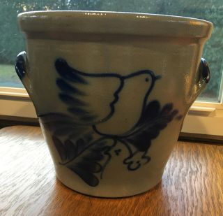 Vintage David Eldreth Pottery Cobalt Salt Glazed Stoneware Crock Bird Large 1993