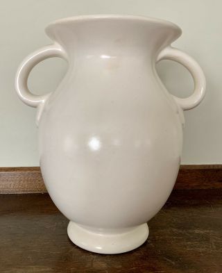 Vintage Weller (?) Pottery White Satin Glaze Vase Two Handled 8.  25”