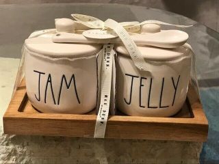 Rae Dunn Jam & Jelly Set With Lids And Spoons On Wood Tray