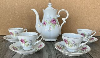 Vintage Floral Tea Pot Set W/4 Cups & Saucers Gold Trim Registered Made In Japan