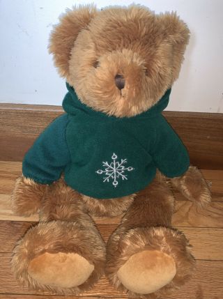 Vintage Russ 18” Plush Brown Teddy Bear Green Snowflake Hoodie Bendable Legs