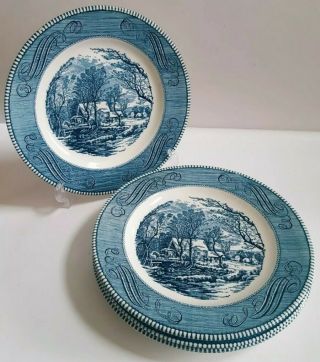Set Of 6 Royal Usa Currier And Ives Blue Old Grist Mill 9.  25 " Luncheon Plates