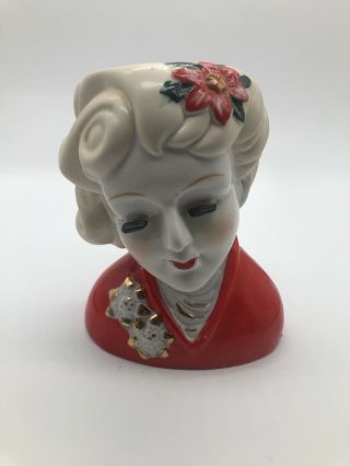 Vtg Christmas Lady Head Vase Planter Painted Poinsettia Approx 6 " Nippon