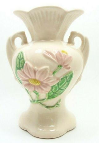 Vintage 1947 Hull Art Pottery Vase Handles Pink Magnolia Gloss Glaze H - 4 - 6 1/2