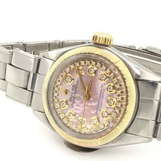 Rolex Ladies Pink Mop Diamond Dial Oyster Perpetual 18kt Gold Watch Box Papers