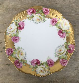 Elegant Wurrtemberg Germany Hand Painted Gold Pink & White Roses Plate 9.  5”