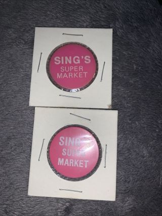2 - Vtg.  Sing’s Market 50 Cent Food Stamp Token (pink)