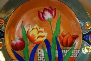 Noritake Cake Plate 2 Handle Hi Deco Parrot Tulips Bold Colors Tan Teal Lustre 2