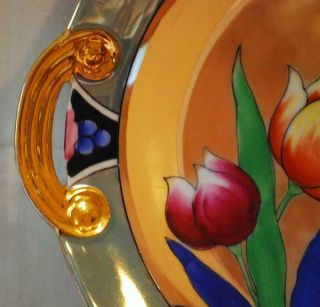 Noritake Cake Plate 2 Handle Hi Deco Parrot Tulips Bold Colors Tan Teal Lustre 3