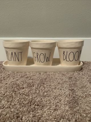 Rae Dunn “plant”,  “grow” & “bloom” Set Of 3 Flower Pots With Matching Tray