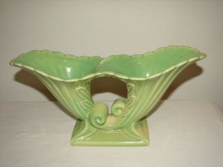 Vintage Abingdon Green Shell Double Cornucopia Pottery Vase Stamped Usa