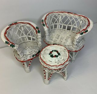 Vintage White Wicker Christmas Doll/bear Furniture 3 Piece Set Chairs And Table