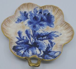 Old Doulton England Flow Blue Handled Bowl,  Nappy W Gold Spray,  Flowers