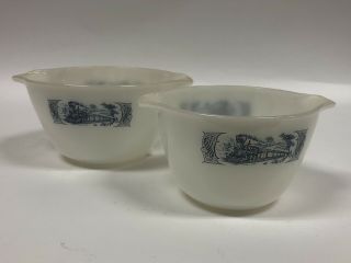 Currier And Ives Glasbake Milk Glass Blue Train Locomotive Nesting Bowls