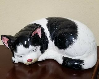 Vintage Hand Painted Large White & Black Ceramic Cat Sculpture - Made In Italy