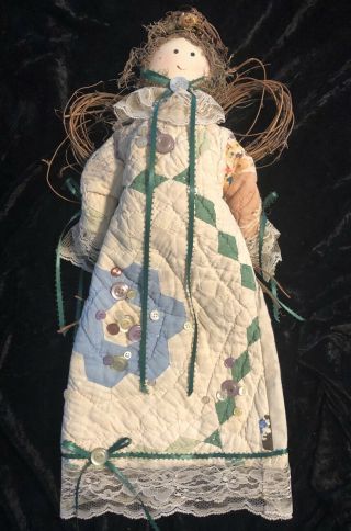 Vintage Primitive Handmade Cloth Angel Doll With Quilt Dress