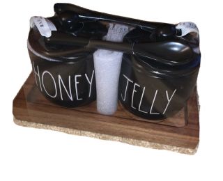 Rae Dunn By Magenta - Honey & Jelly Black Ceramic Jars W/ Spoons On Wood Platter