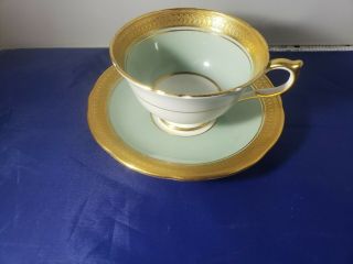 Vintage Aynsley Green And Gold English Bone China Teacup And Saucer Heavy Gilt