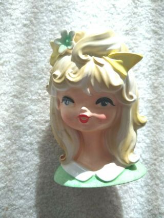 Vintage Blonde Teen Head Vase Mod Green Dress And Bow Yellow Bow