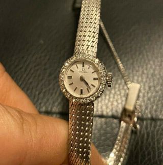 Deco Wind Up Ladies Omega Solid 14k White Gold Diamond Bezel Watch 6.  5 " Wrist